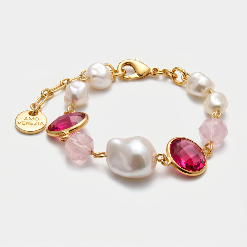 Bracciale in Metallo con perle e cristalli rosa - BYSIMON gioielli