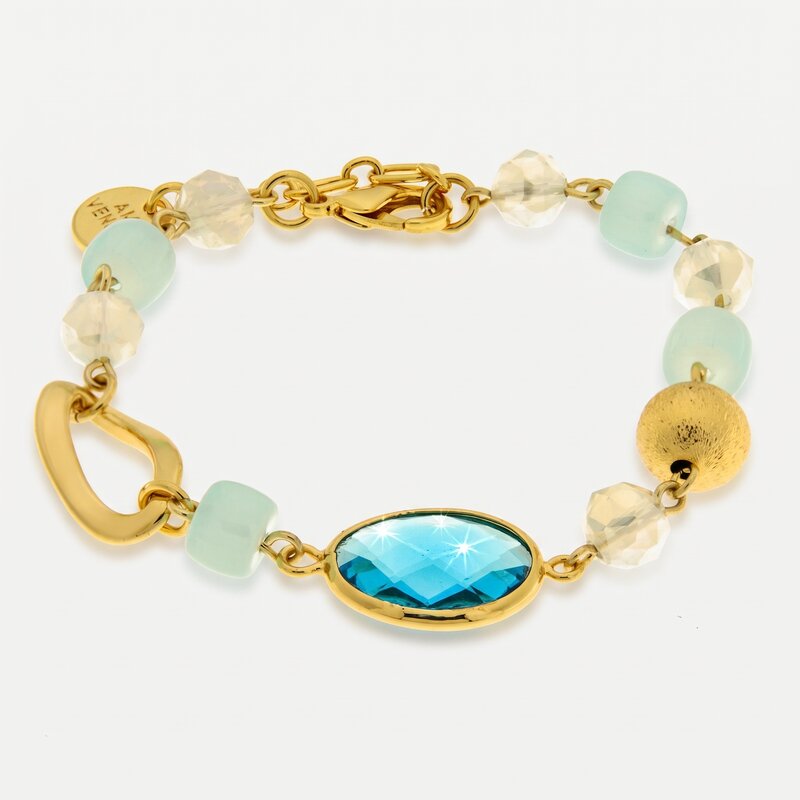 Bracciale in Metallo con cristallo azzurro e sfere colorate verdi - BYSIMON gioielli