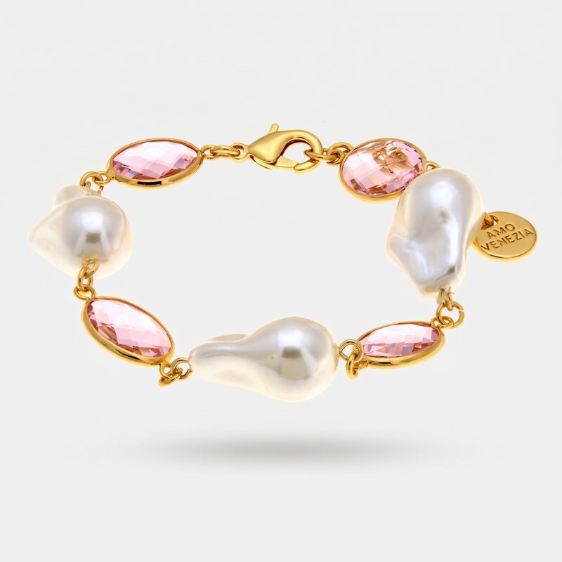Bracciale in Metallo con cristalli rosa e perle - BYSIMON gioielli