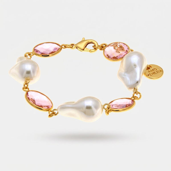 Bracciale in Metallo con cristalli rosa e perle - BYSIMON gioielli