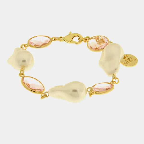 Bracciale in Metallo con cristalli rosa e perle - BYSIMON gioielli