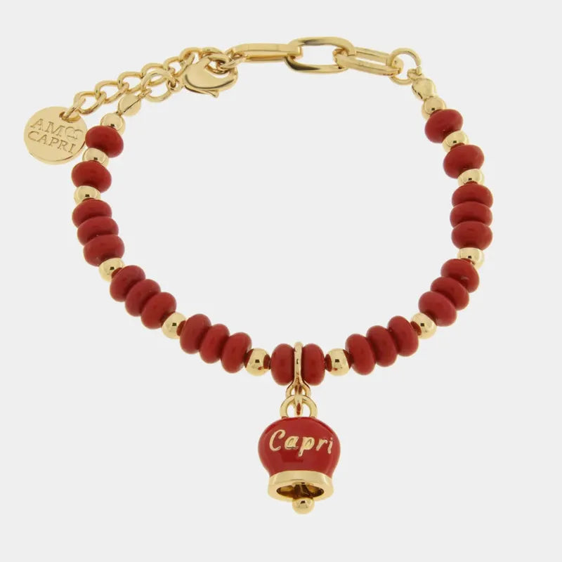 Bracciale in Metallo con sfere e campanella Capri rossa