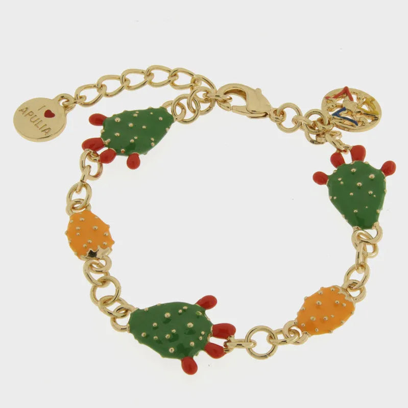 Bracciale in Metallo maglia rolò, con tris di fichi d'india impreziositi da smalti colorati