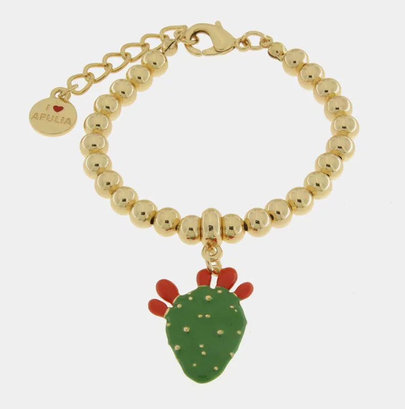 Bracciale in Metallo maglia a sfere, con fico d'india pendente, impreziosito da smalto verde e punte di smalto rosso - BYSIMON gioielli