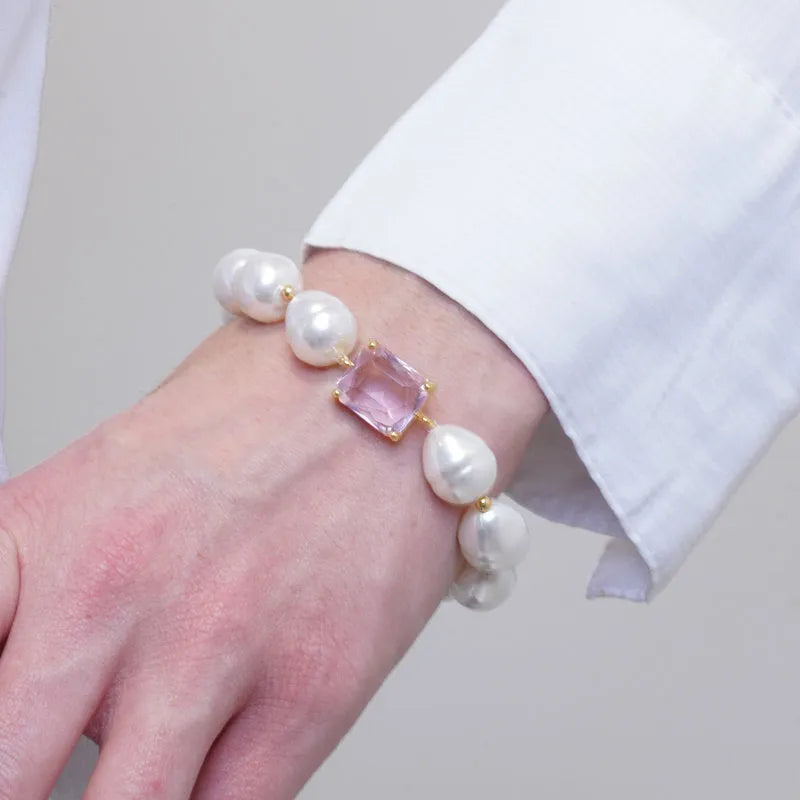 Bracciale in Metallo con perle e cristallo rosa - BYSIMON gioielli