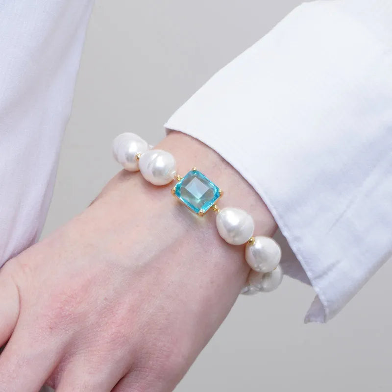 Bracciale in Metallo con perle e cristallo azzurro - BYSIMON gioielli