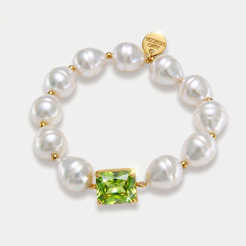 Bracciale in Metallo con perle e cristallo verde - BYSIMON gioielli
