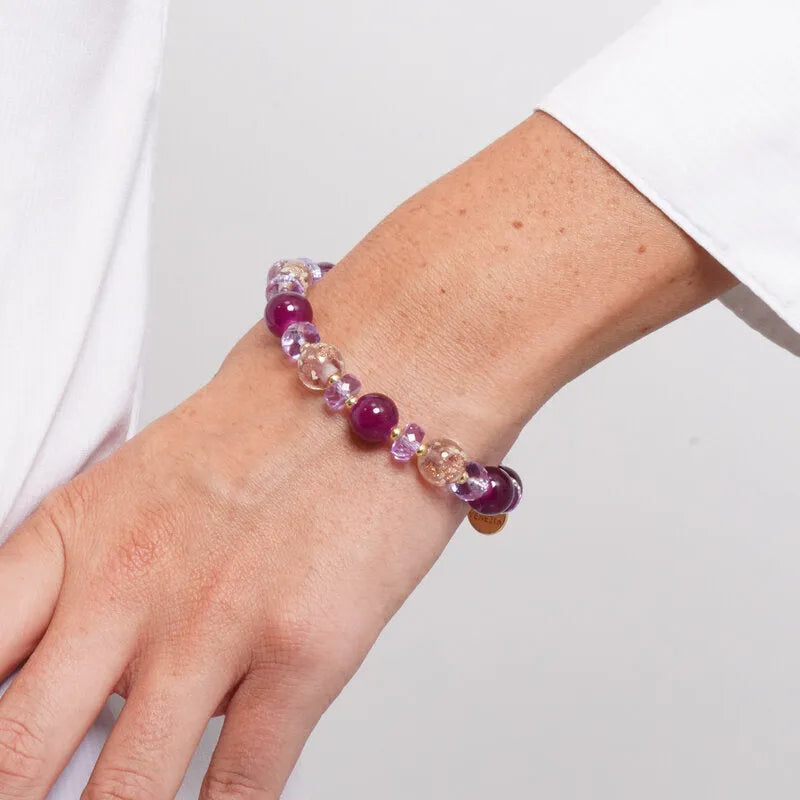 Metal bracelet with purple and brown Murano crystals