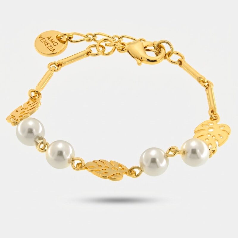 Bracciale in Metallo foglie e perle - BYSIMON gioielli