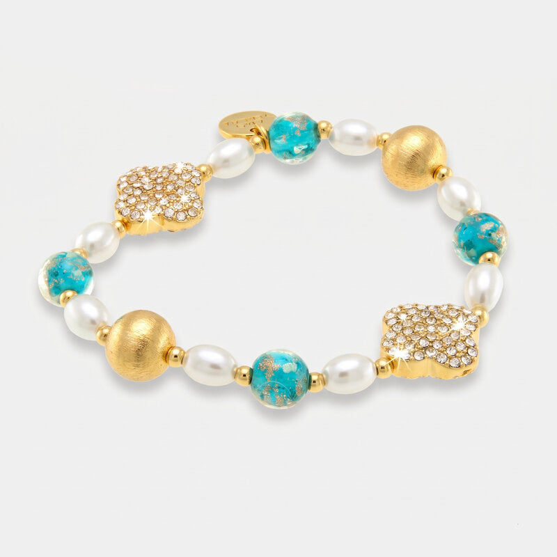 Bracciale in Metallo pietre azzurre art glass con fiori e perle - BYSIMON gioielli