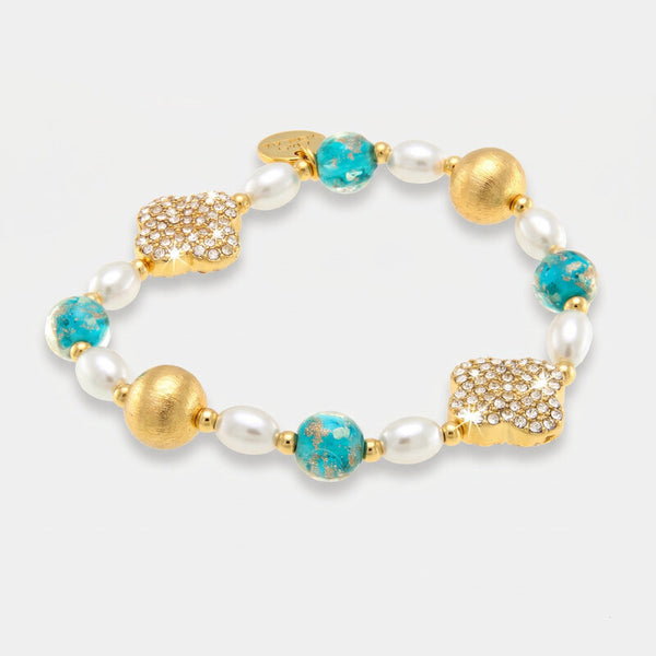 Bracciale in Metallo pietre azzurre art glass con fiori e perle - BYSIMON gioielli