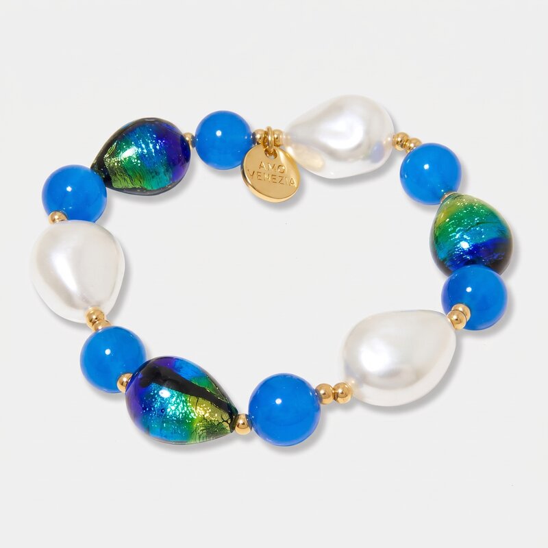 Bracciale in Metallo pietre blu di Murano e perle - BYSIMON gioielli