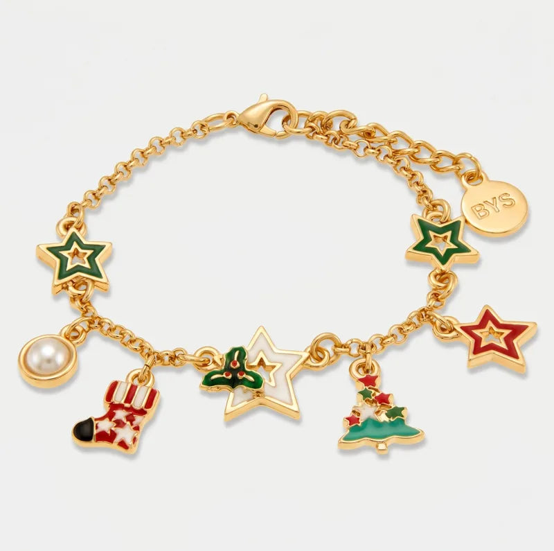 Bracciale in Metallo albero di Natale, stelle colorate e calza