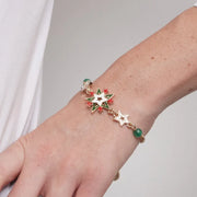 Bracciale in Metallo con fiocco di neve multicolore, stelle colorate e cristalli verdi