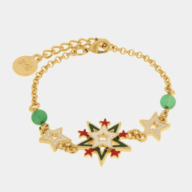 Bracciale in Metallo con fiocco di neve multicolore, stelle colorate e cristalli verdi