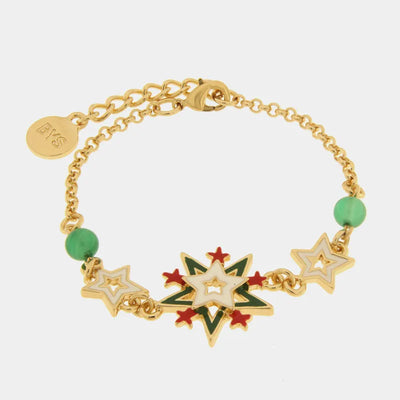 Bracciale in Metallo con fiocco di neve multicolore, stelle colorate e cristalli verdi