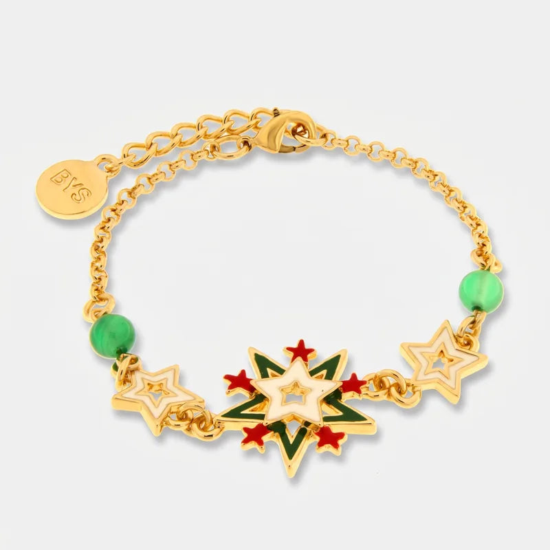 Bracciale in Metallo con fiocco di neve multicolore, stelle colorate e cristalli verdi