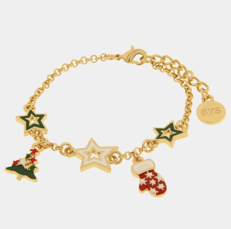 Bracciale in Metallo stelle colorate, albero di natale, guanto rosso