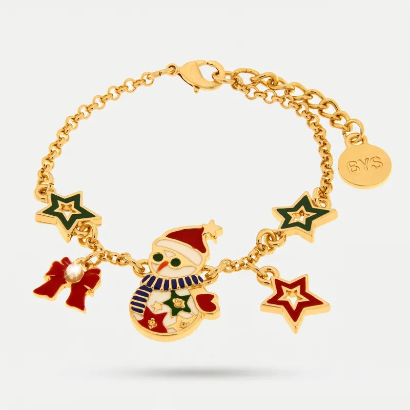 Bracciale in Metallo pupazzo di neve, stelle e fiocco rosso