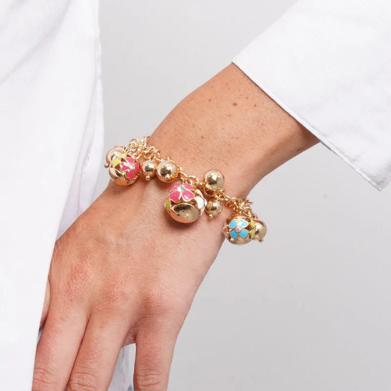 Bracciale in Metallo con sfere impreziosite da fiori colorati pendenti - BYSIMON gioielli