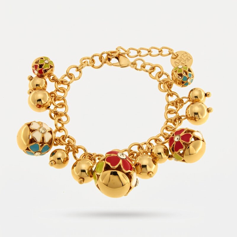 Bracciale in Metallo con sfere impreziosite da fiori colorati pendenti - BYSIMON gioielli
