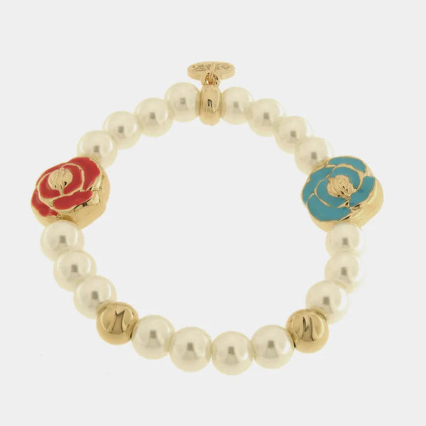 Bracciale in Metallo con perle e fiori colorati - BYSIMON gioielli