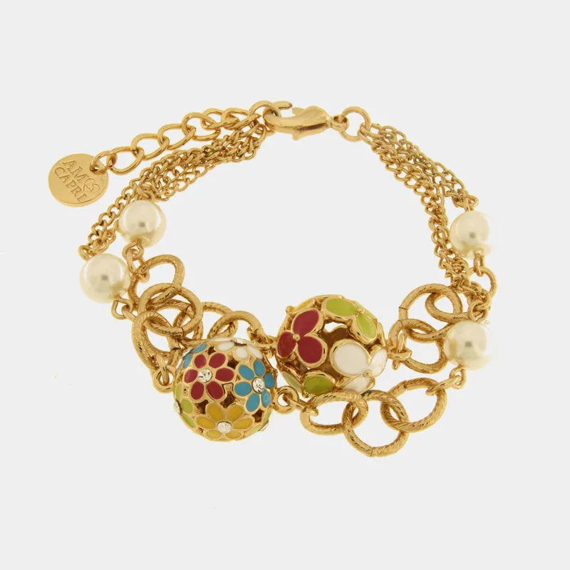 Bracciale in Metallo multifilo con perle e sfere impreziosite da fiori colorati - BYSIMON gioielli