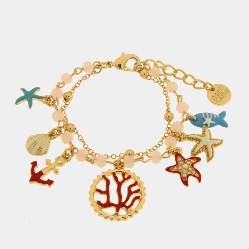 Bracciale in Metallo multifilo con stelle marine, conchiglia, pesciolino, ancora e corallo - BYSIMON gioielli