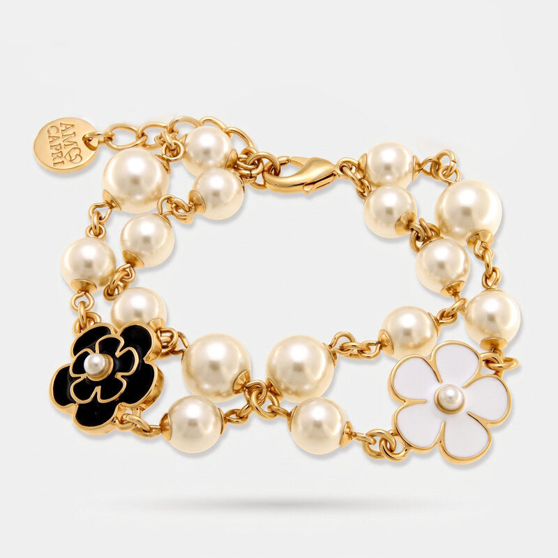 Bracciale in Metallo sfere bianche fiori bianchi e neri - BYSIMON gioielli