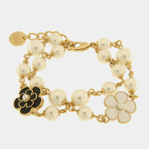 Bracciale in Metallo sfere bianche fiori bianchi e neri - BYSIMON gioielli