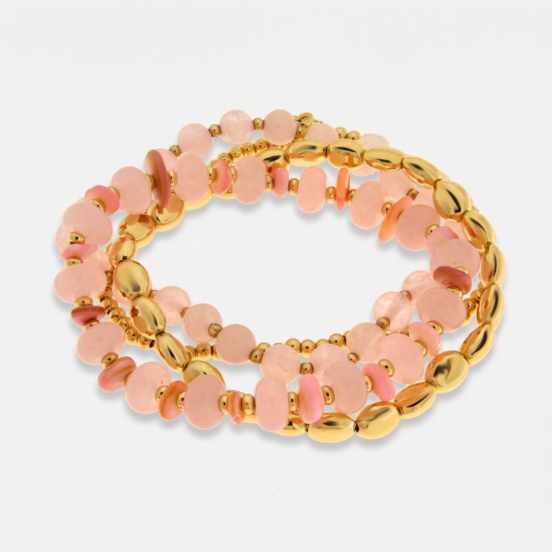 Bracciale multifilo in metallo placcato oro con pietre dure quarzo rosa - BYSIMON