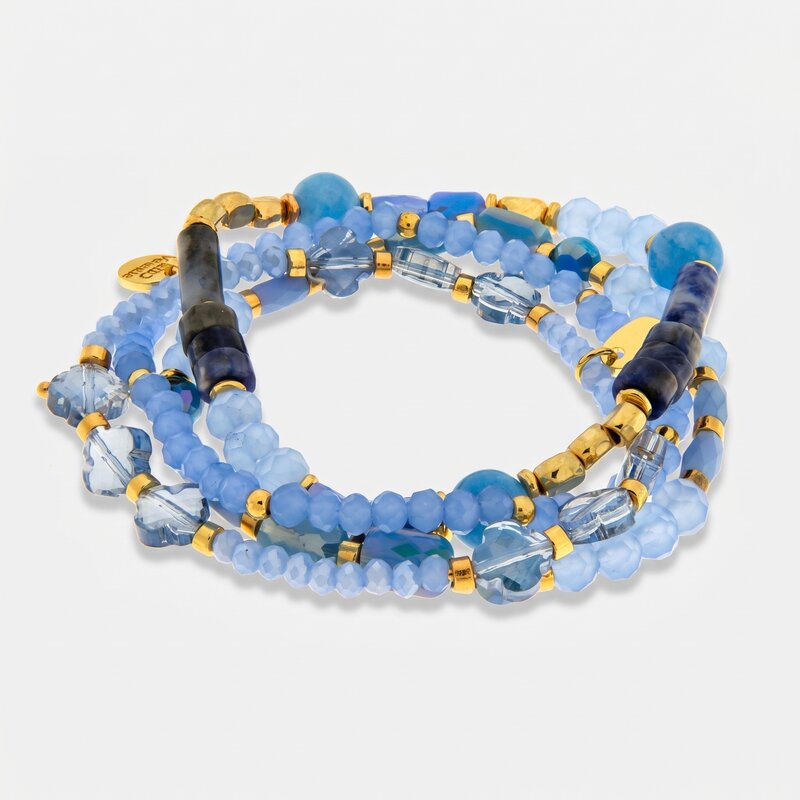 Bracciale multifilo in metallo placcato oro con pietre dure blu azzurro - BYSIMON