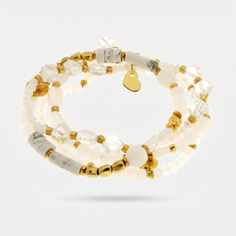 Bracciale multifilo in metallo placcato oro con pietre dure bianche avorio - BYSIMON