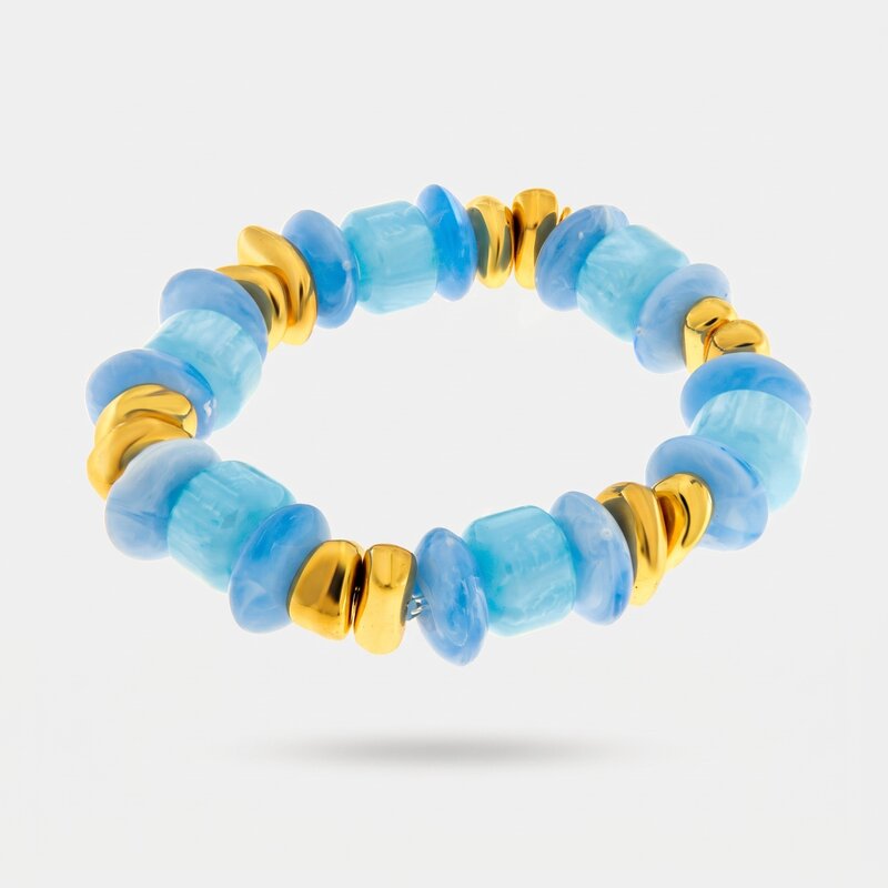 Bracciale elastico in metallo placcato oro con pietre dure azzurro celeste - BYSIMON