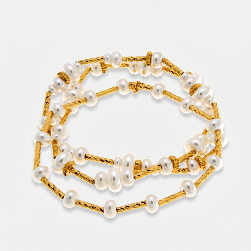 Bracciale in Metallo multifilo donna perle bianche barre dorate placcato oro - BYSIMON gioielli