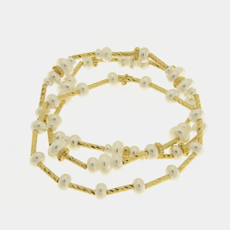 Bracciale in Metallo multifilo donna perle bianche barre dorate placcato oro