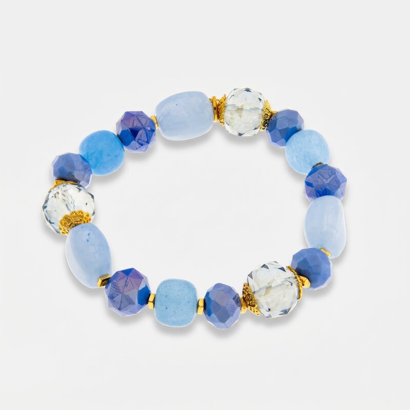 Bracciale elastico in metallo placcato oro con pietre dure acquamarina - BYSIMON