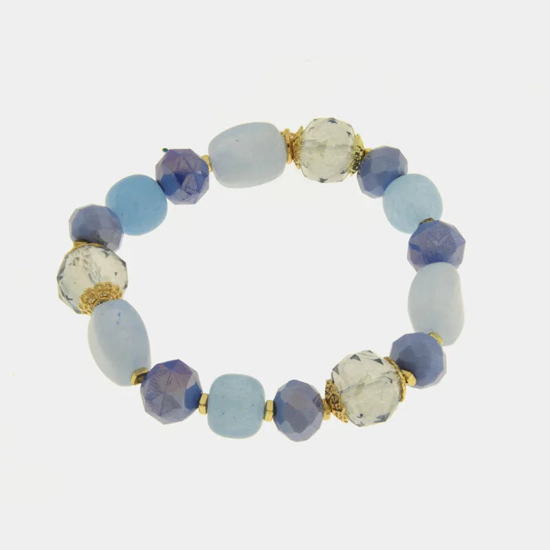 Bracciale elastico in metallo placcato oro con pietre dure acquamarina - BYSIMON