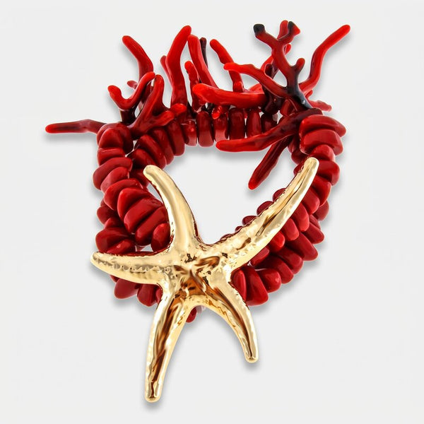 Bracciale in Metallo con pietre rosse e stella marina con rifinitura martellata - BYSIMON gioielli