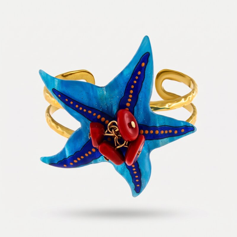 Bracciale rigido in metallo con stella marina smaltata turchese e pietre rosse - BYSIMON