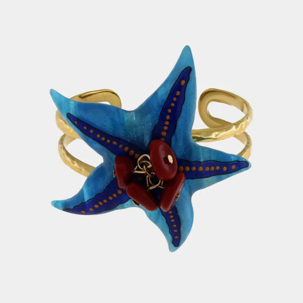 Bracciale rigido in metallo con stella marina smaltata turchese e pietre rosse - BYSIMON