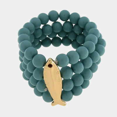 Bracciale in Metallo con sfere turchesi e pesce con rifiniture martellate