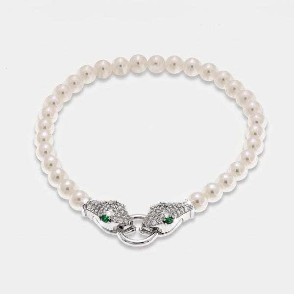 Bracciale in Metallo donna in metallo con sfere satinate e chiusura a forma di serpente argentato con cristalli luminosi - BYSIMON gioielli