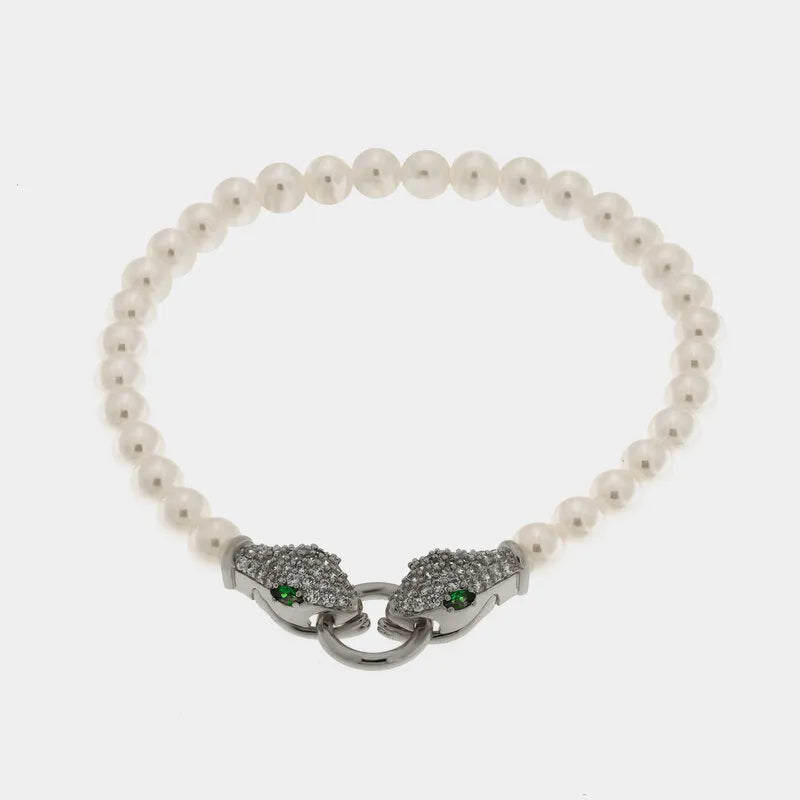 Bracciale in Metallo donna in metallo con sfere satinate e chiusura a forma di serpente argentato con cristalli luminosi