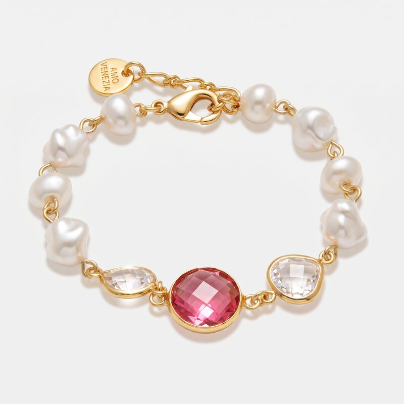 Bracciale in Metallo sfere con cristalli rosa - BYSIMON gioielli