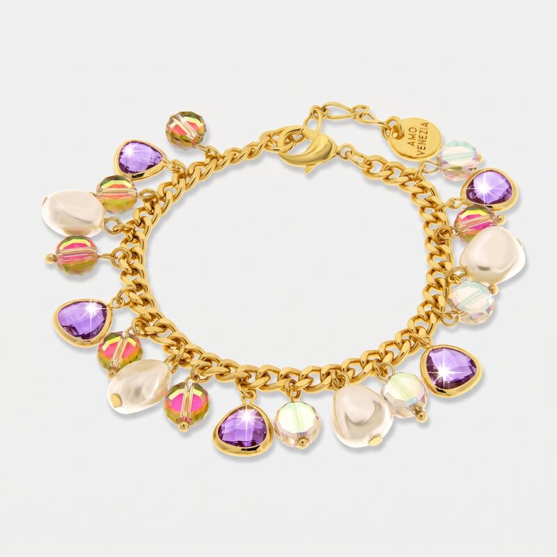 Bracciale in Metallo catena con cristalli rosa e perle - BYSIMON gioielli