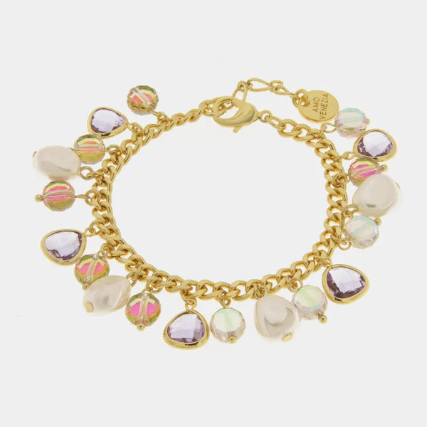 Bracciale in Metallo catena con cristalli rosa e perle - BYSIMON gioielli