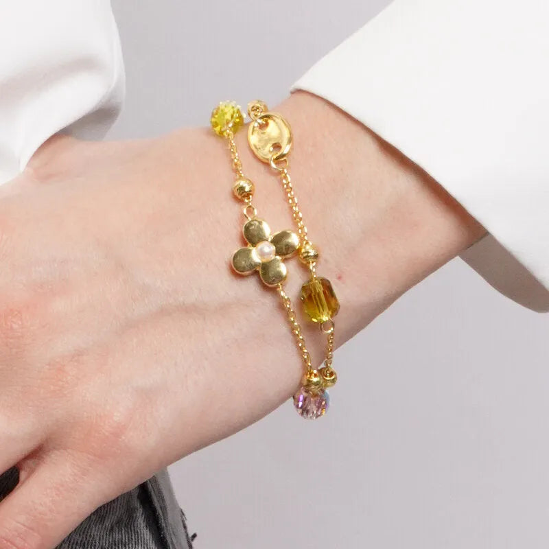 Bracciale in Metallo multifilo con fiori e cristalli - BYSIMON gioielli