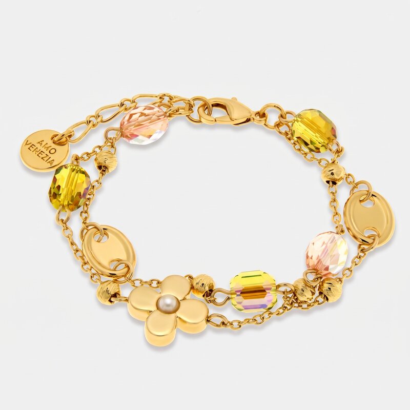 Bracciale in Metallo multifilo con fiori e cristalli - BYSIMON gioielli