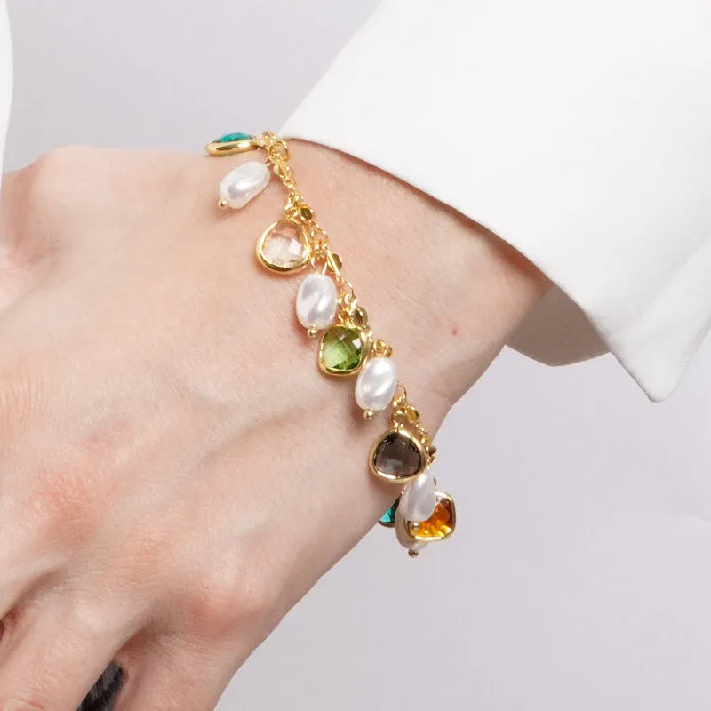 Bracciale in Metallo perle e cristalli colorati pendenti